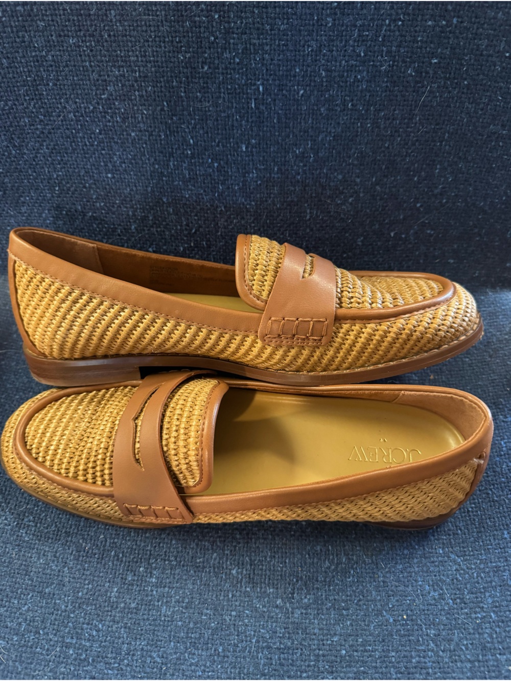 J. Crew Cedarwood Raffia Tan Woven Leather-Trim Penny Loafers Sz 10